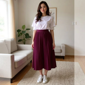 Saia Midi Plissada Feminina Cintura Alta Elegante