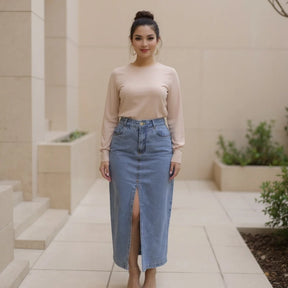Saia Jeans Midi Longa Feminina Cintura Alta com Fenda