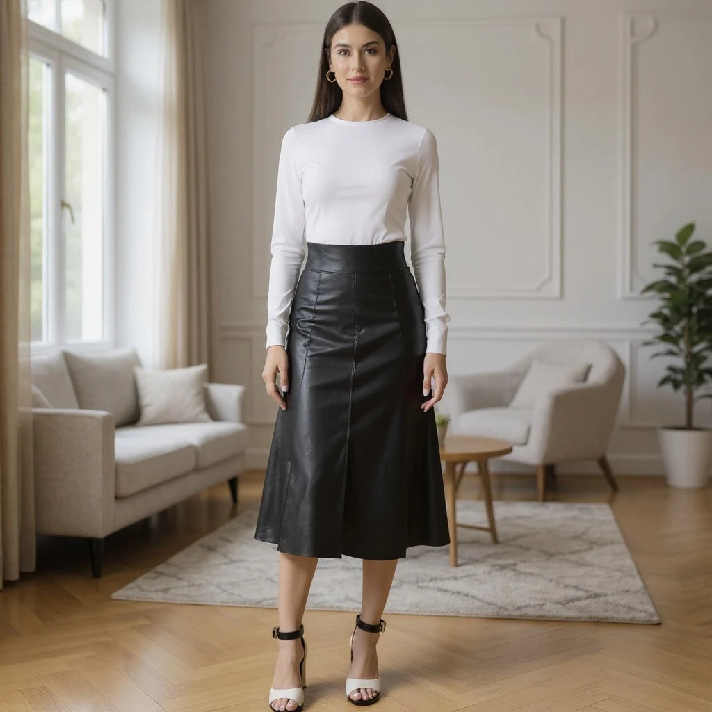 Saia Midi Godê Feminina em Couro Fake Cirrê – Cintura Alta e Elegância